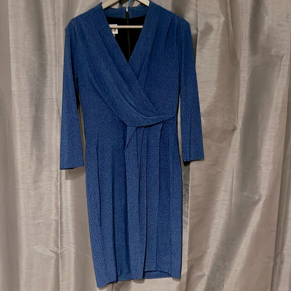 Anne Klein Cobalt Blue Black Faux Wrap Front snap long sleeve stretch dress